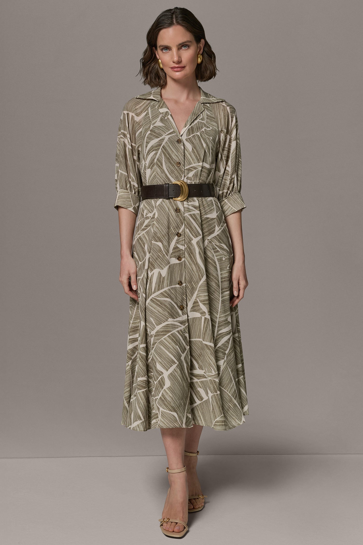 ABSTRACT BELTED A LINE MIDI SHIRT DRESS
