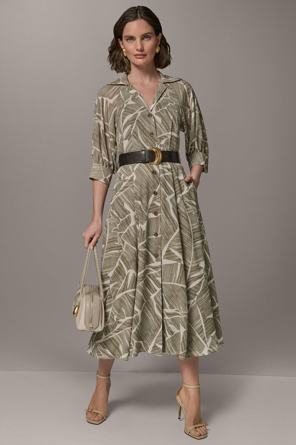 ABSTRACT BELTED A LINE MIDI SHIRT DRESS