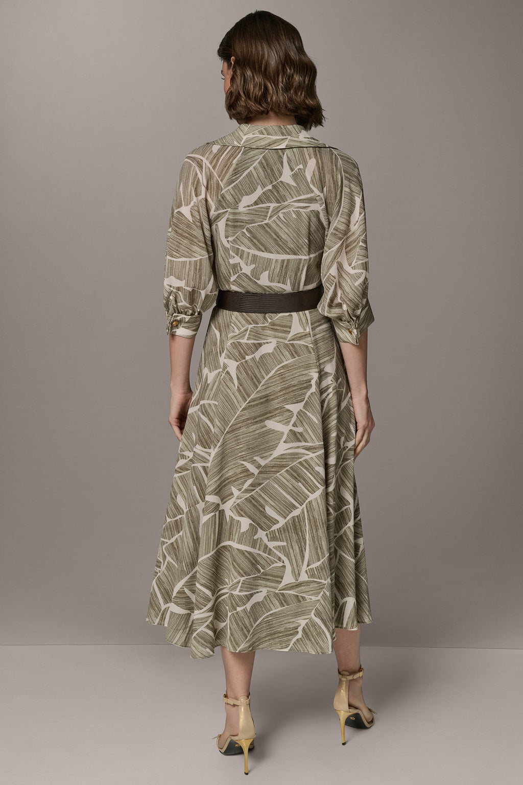 ABSTRACT BELTED A LINE MIDI SHIRT DRESS