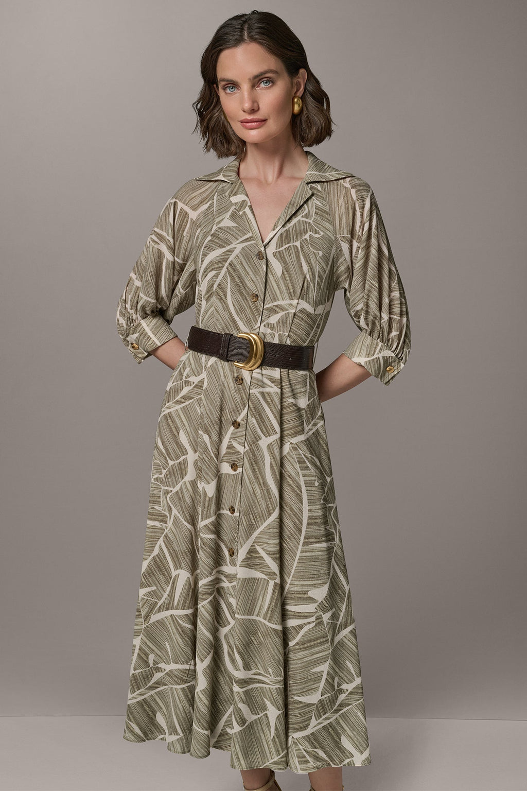 ABSTRACT BELTED A LINE MIDI SHIRT DRESS