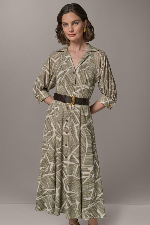ABSTRACT BELTED A LINE MIDI SHIRT DRESS