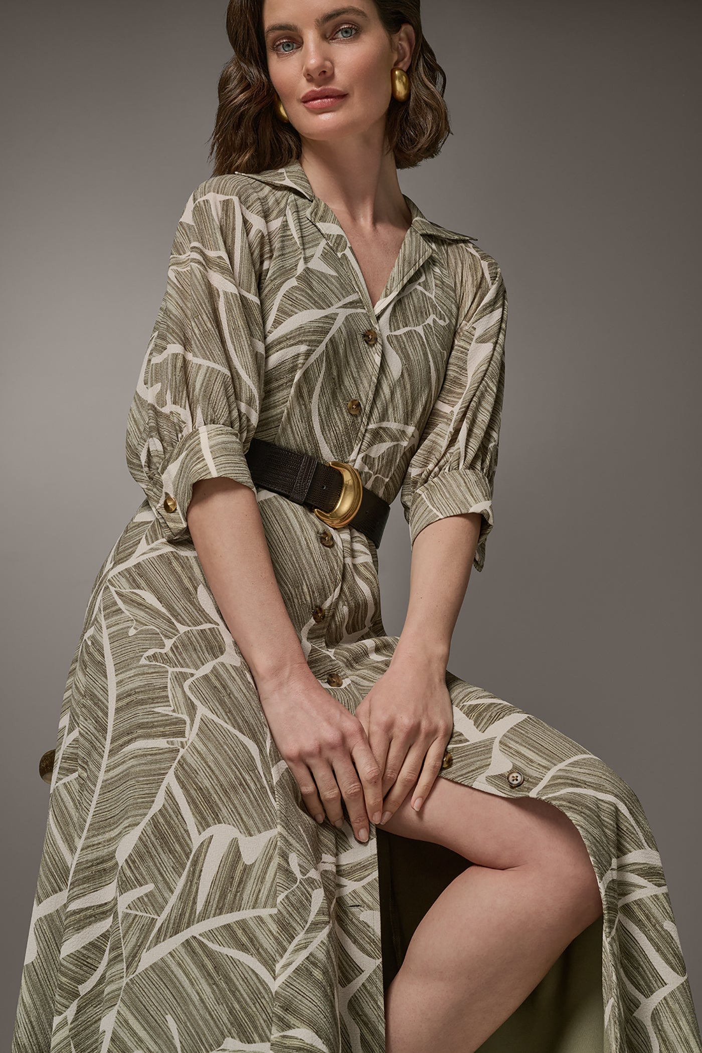 ABSTRACT BELTED A LINE MIDI SHIRT DRESS