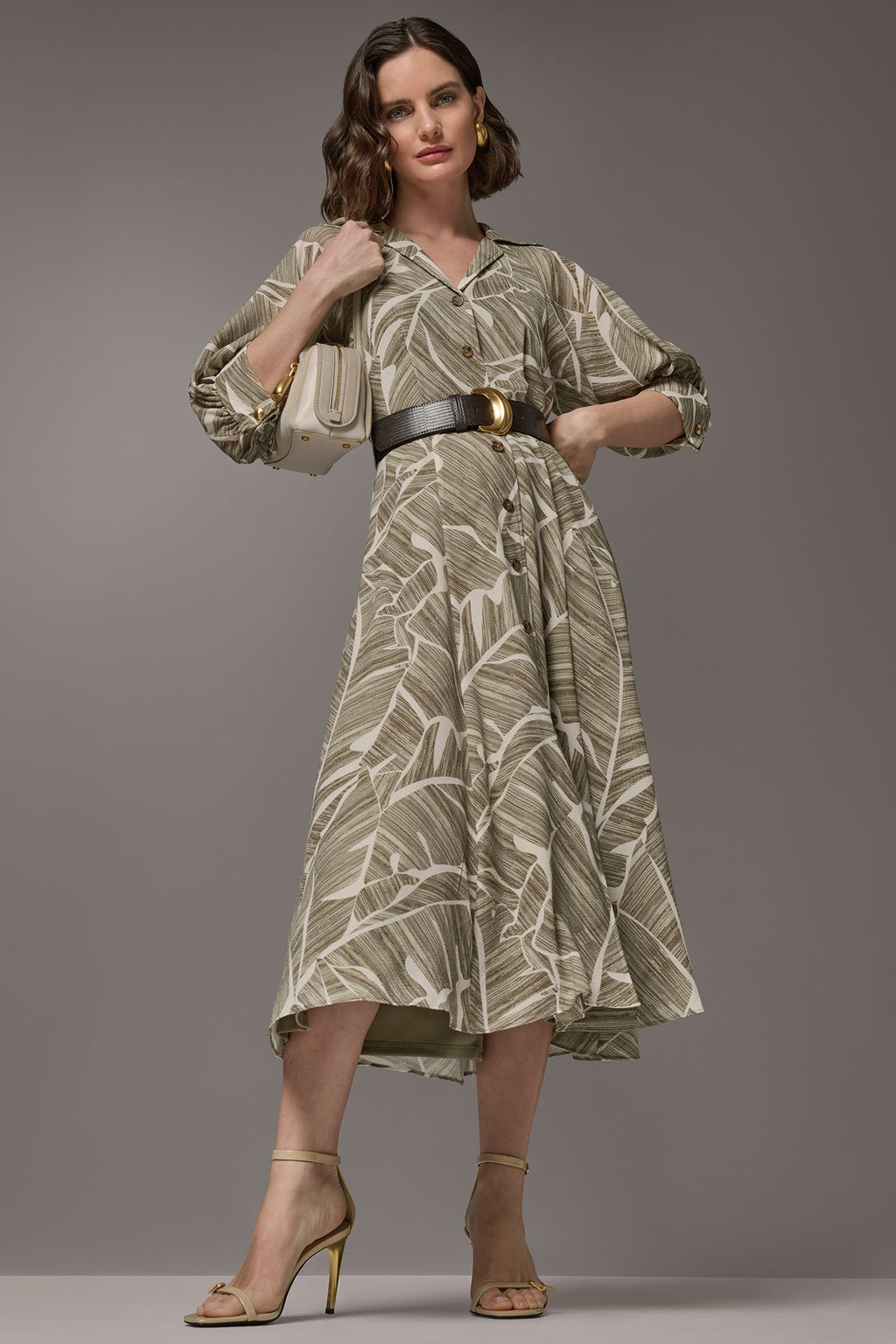 ABSTRACT BELTED A LINE MIDI SHIRT DRESS