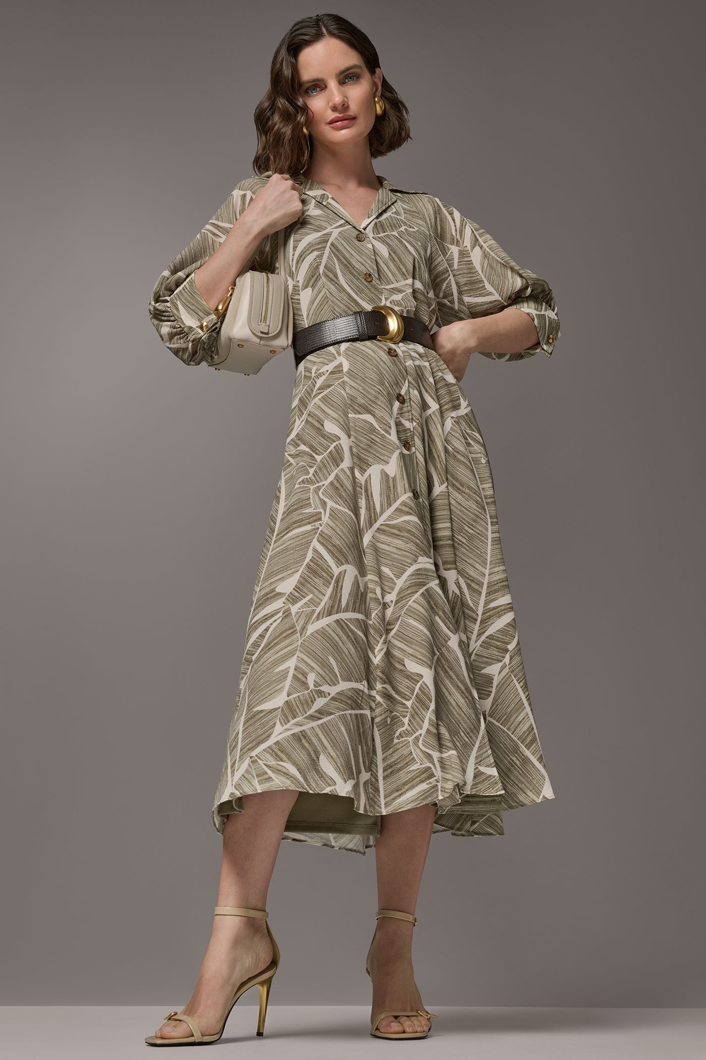 ABSTRACT BELTED A LINE MIDI SHIRT DRESS