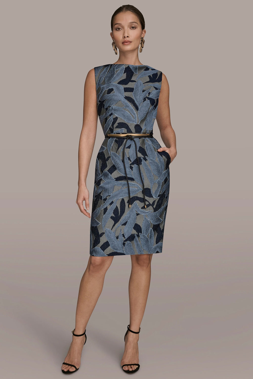 JACQUARD SLEEVELESS COWL-NECK SHEATH DRESS