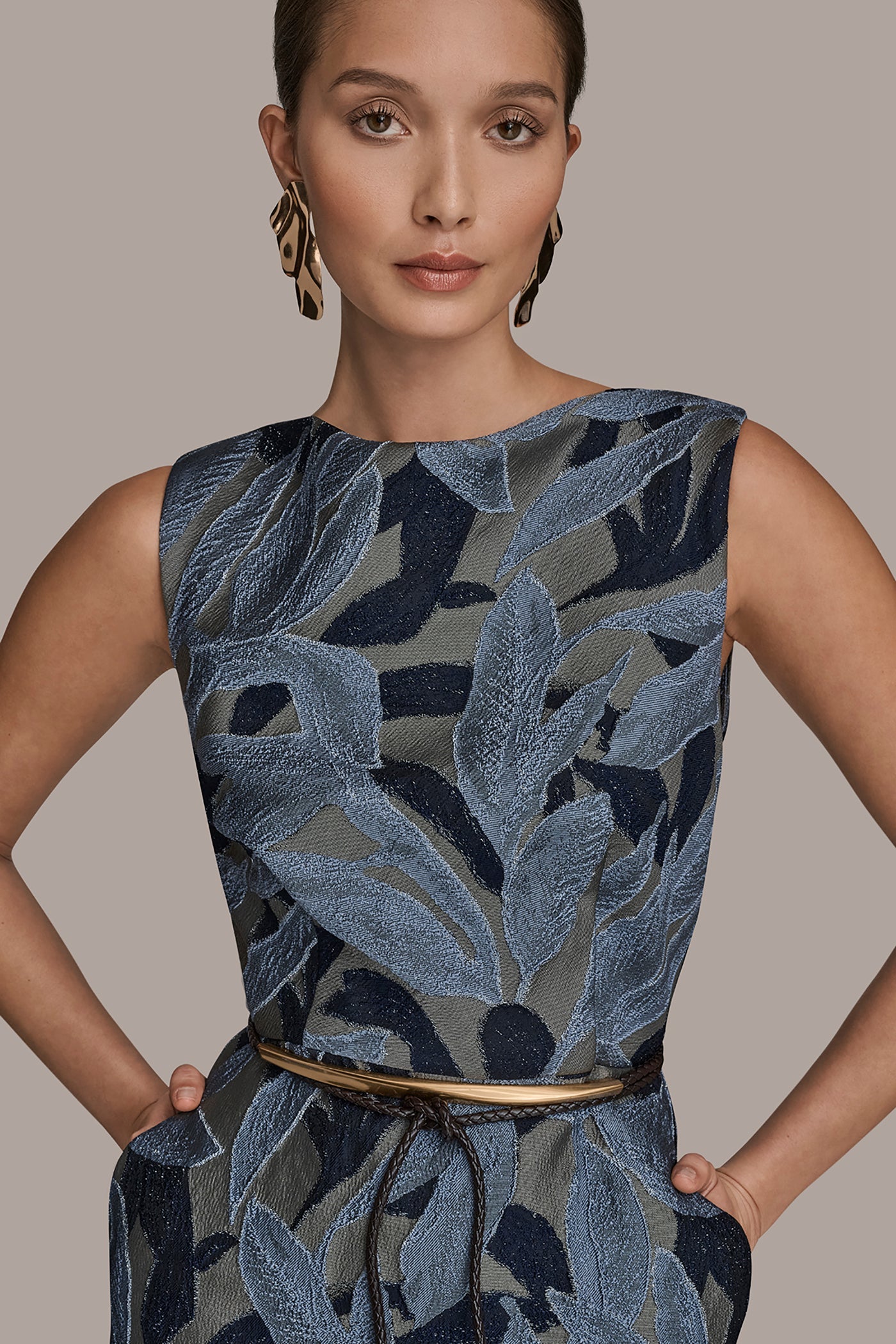 JACQUARD SLEEVELESS COWL-NECK SHEATH DRESS