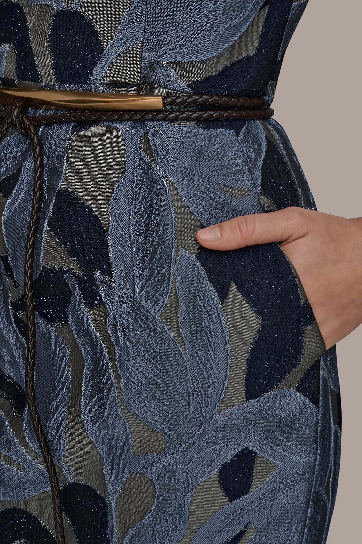 JACQUARD SLEEVELESS COWL-NECK SHEATH DRESS