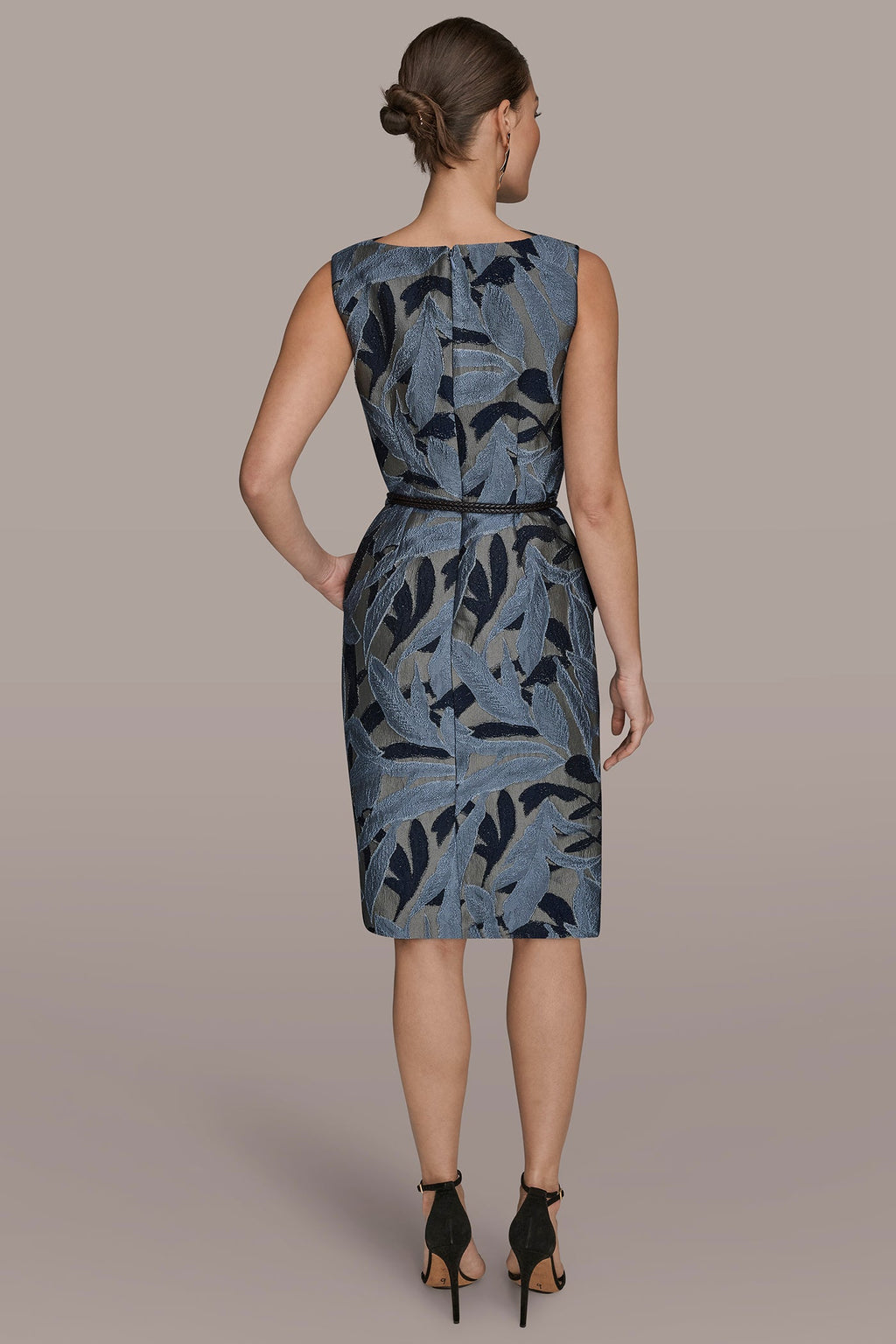 JACQUARD SLEEVELESS COWL-NECK SHEATH DRESS