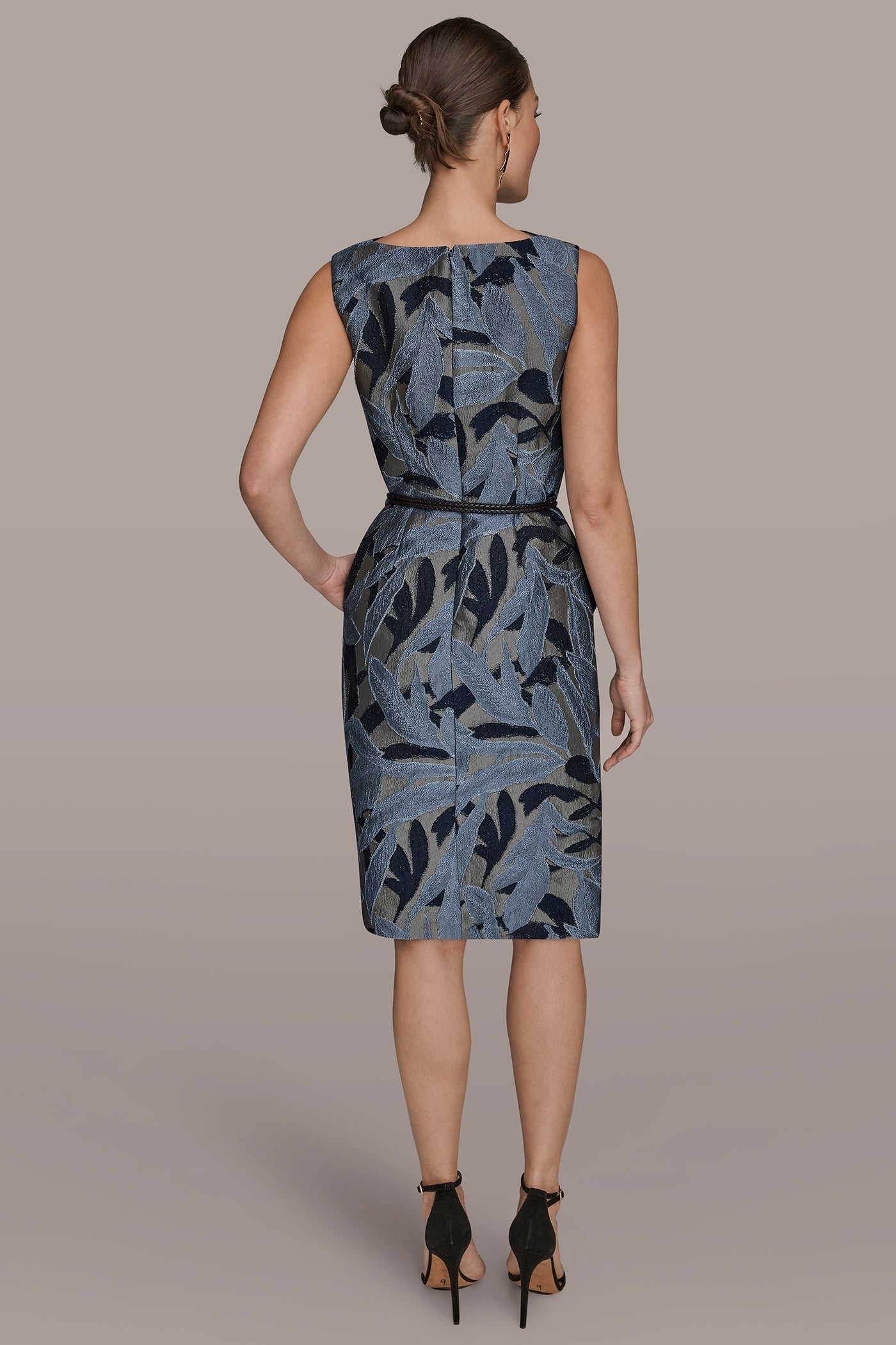 JACQUARD SLEEVELESS COWL-NECK SHEATH DRESS