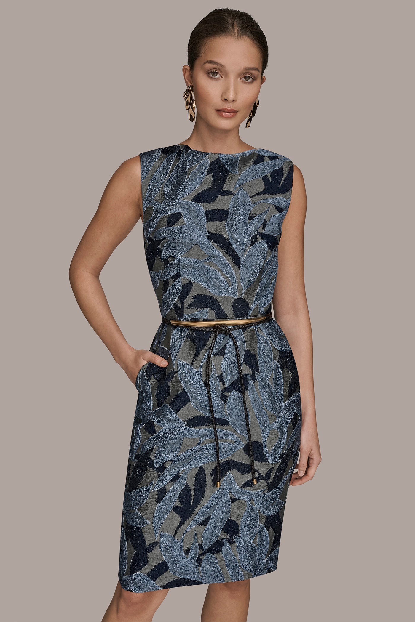 JACQUARD SLEEVELESS COWL-NECK SHEATH DRESS