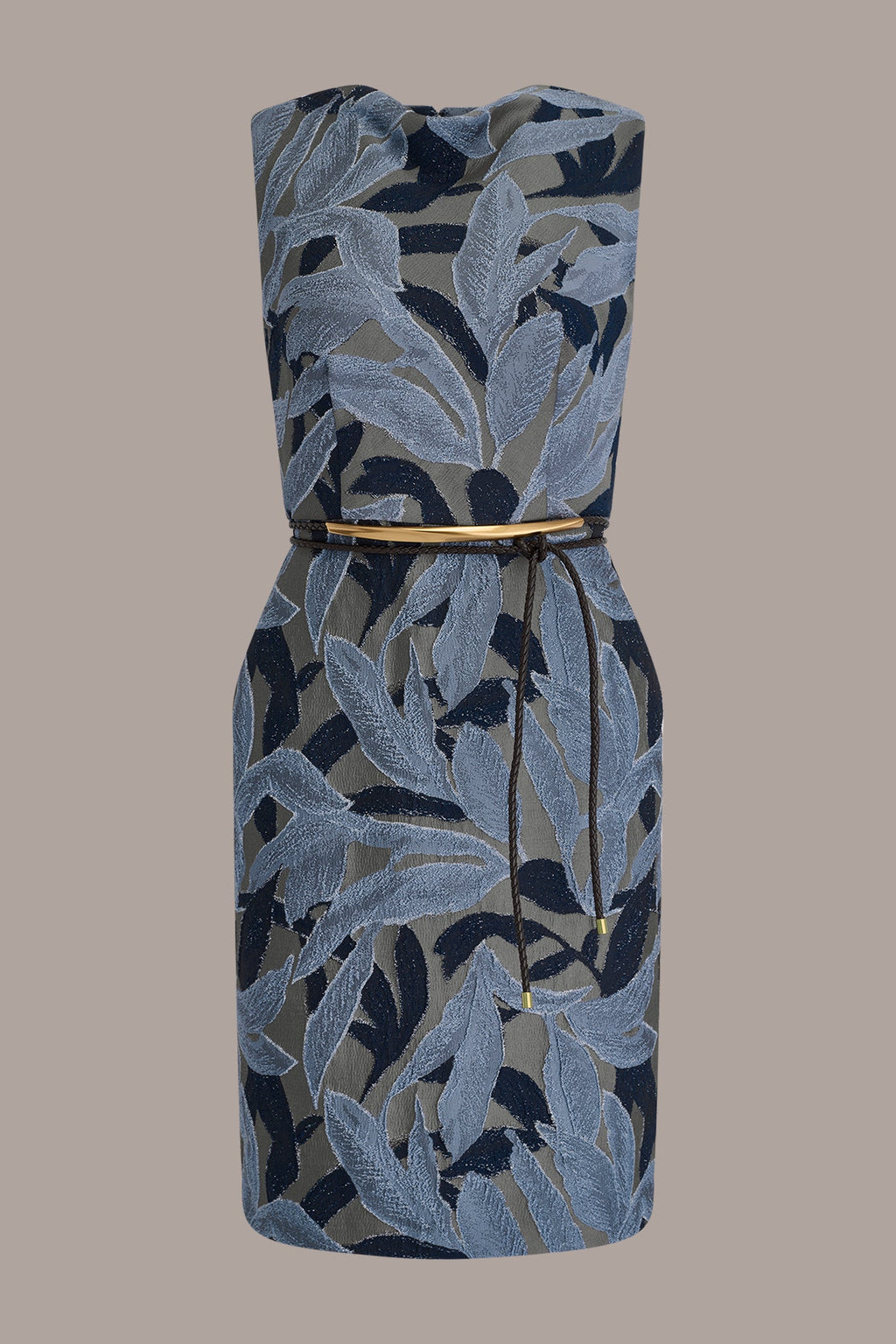 JACQUARD SLEEVELESS COWL-NECK SHEATH DRESS