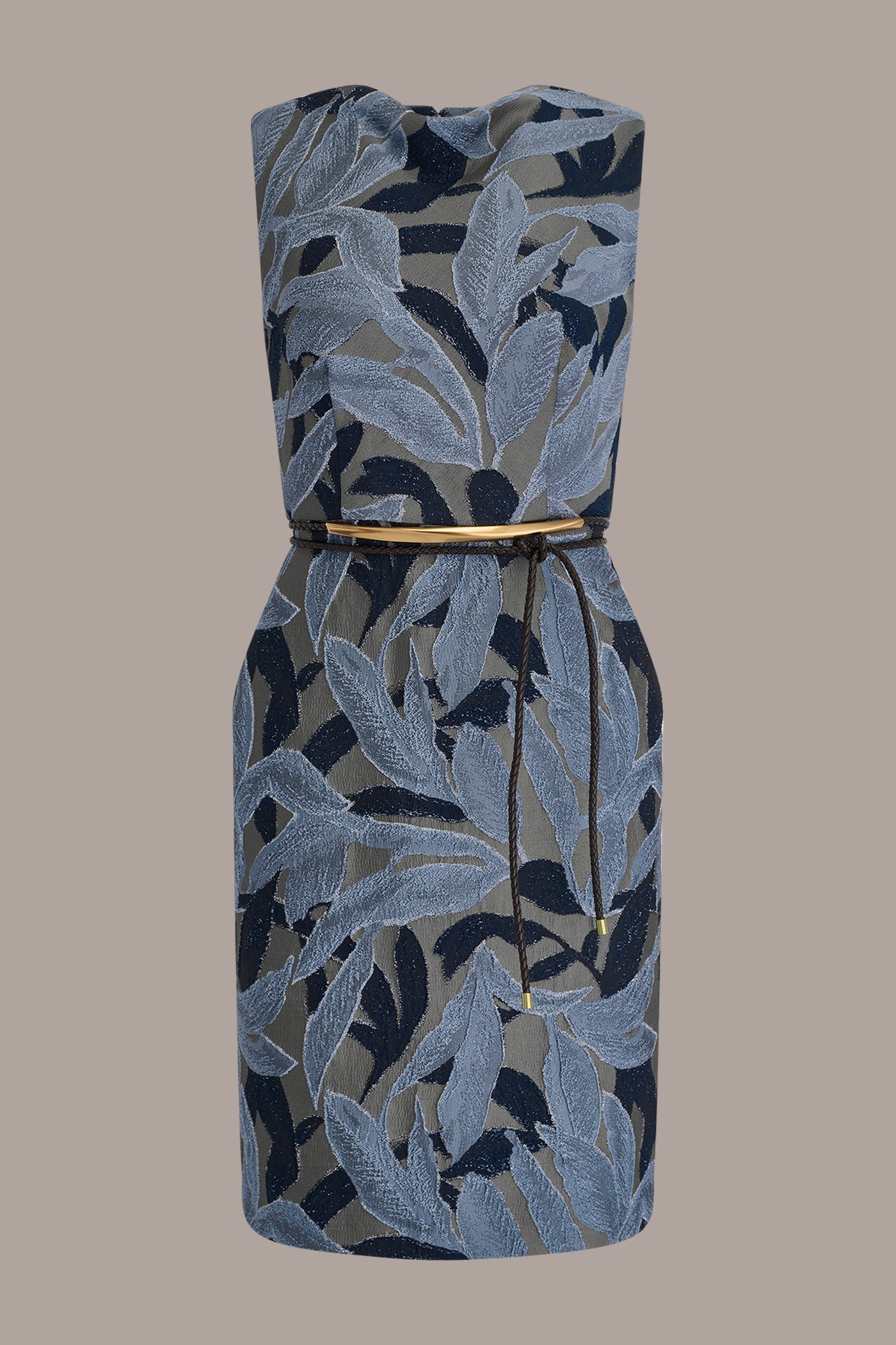 JACQUARD SLEEVELESS COWL-NECK SHEATH DRESS