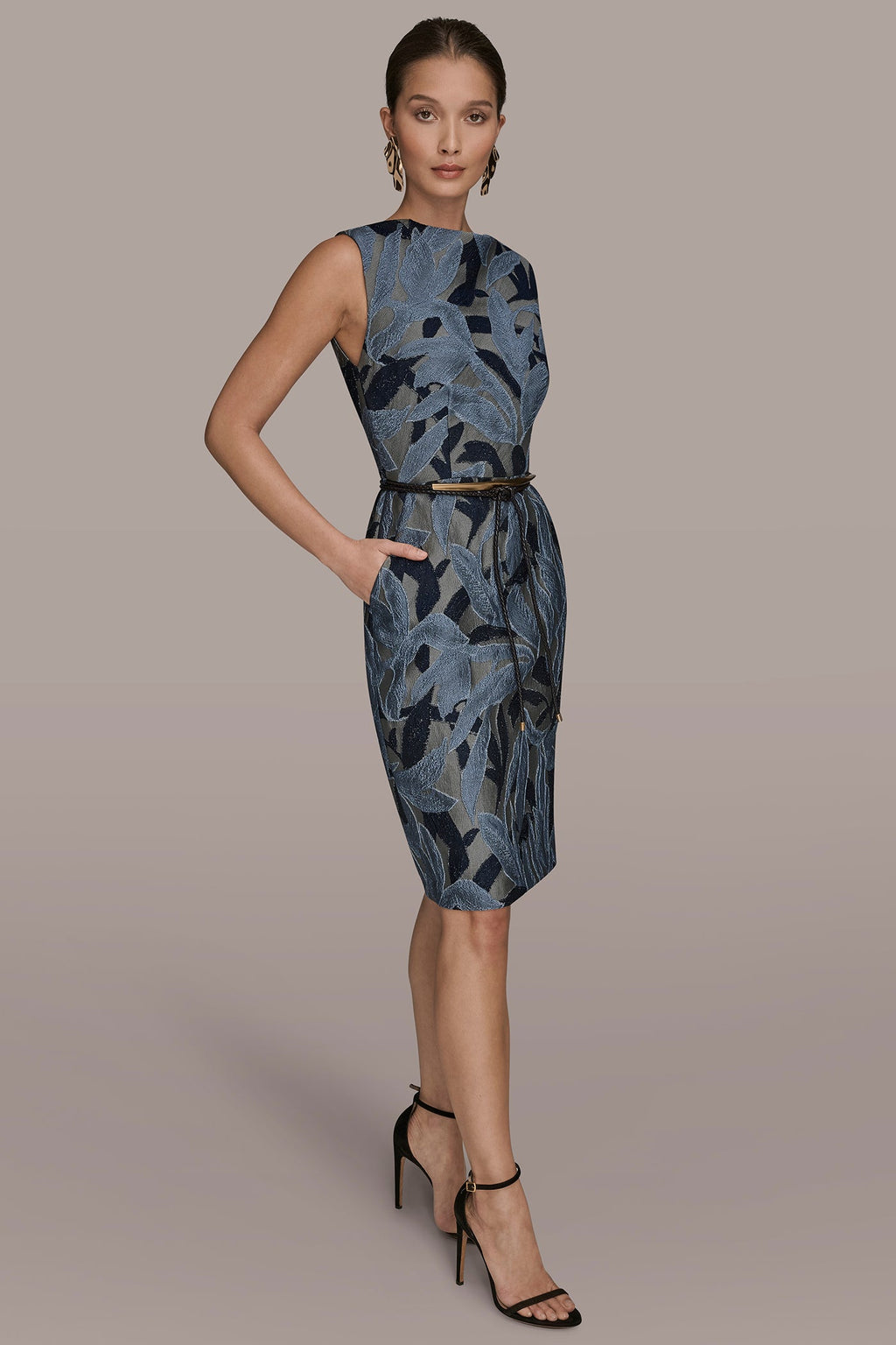 JACQUARD SLEEVELESS COWL-NECK SHEATH DRESS