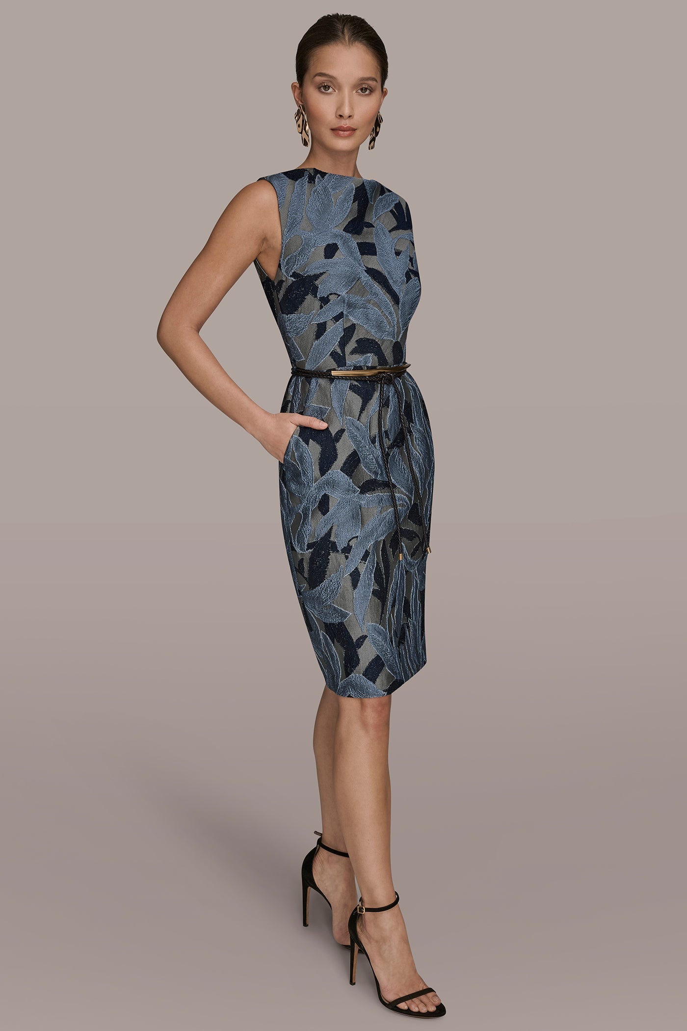 JACQUARD SLEEVELESS COWL-NECK SHEATH DRESS