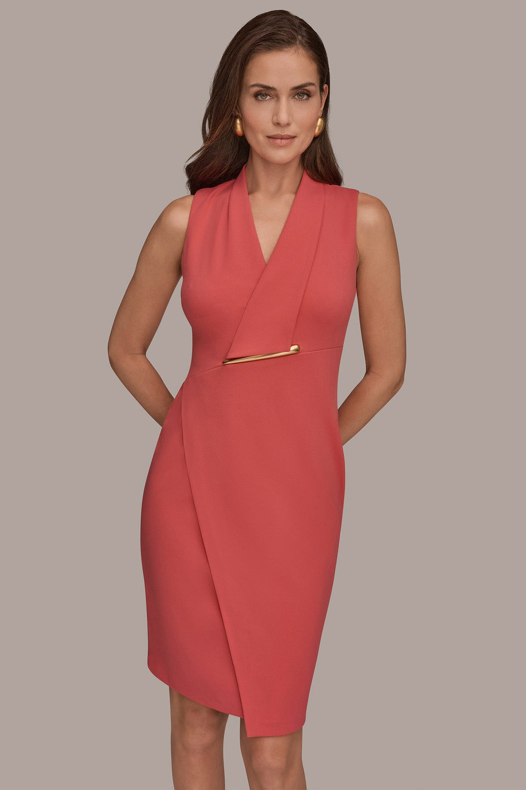 SLEEVELESS WRAP V-NECK SHEATH DRESS