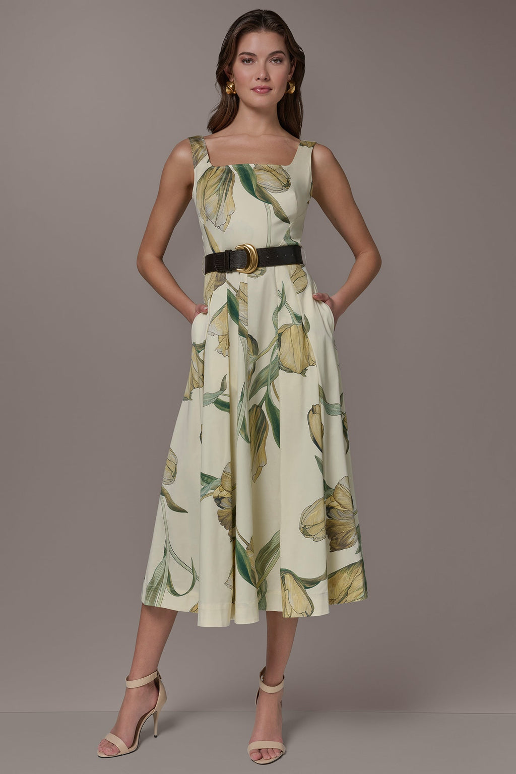 COTTON-SATEEN PRINTED MIDI A-LINE DRESS