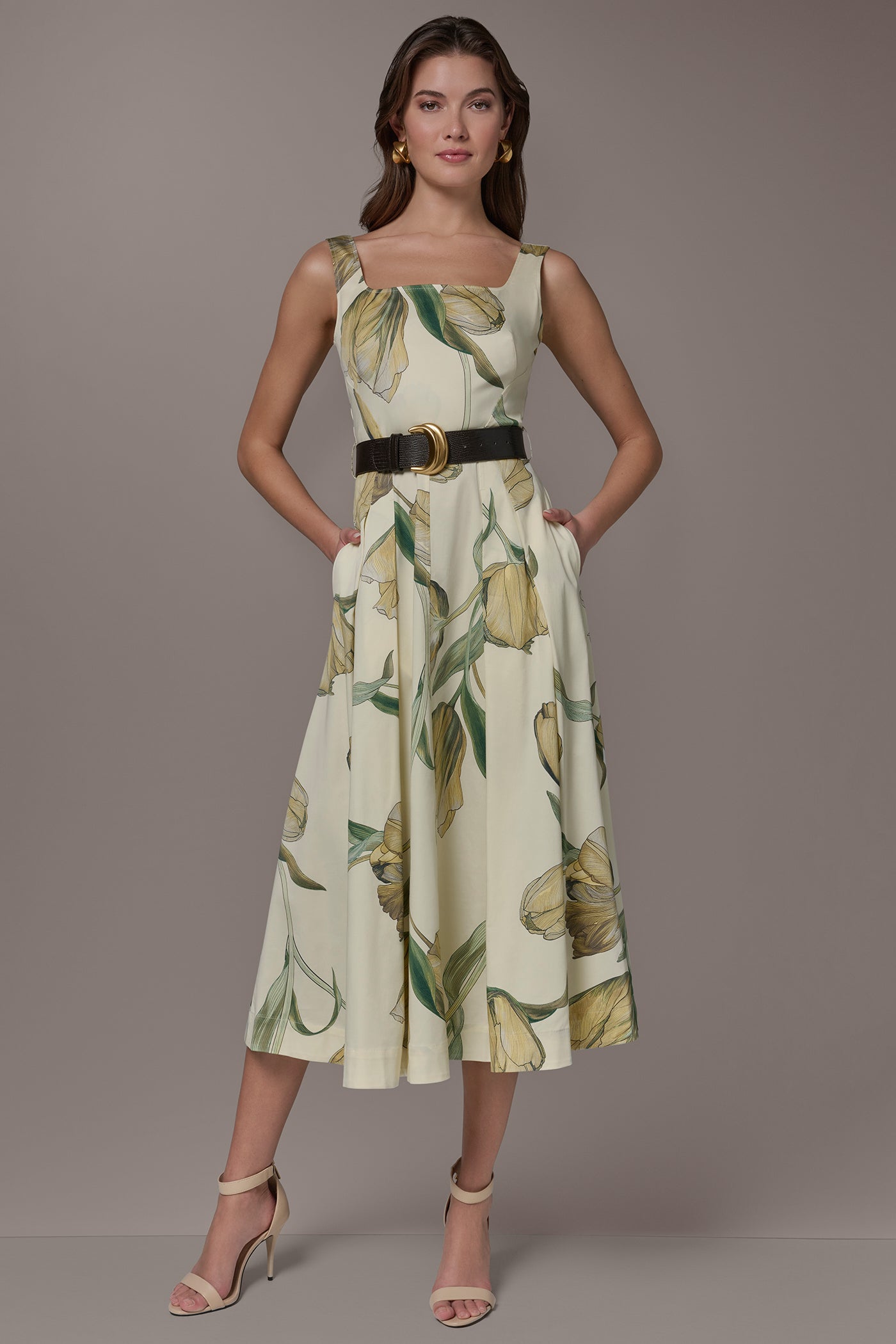 COTTON-SATEEN PRINTED MIDI A-LINE DRESS