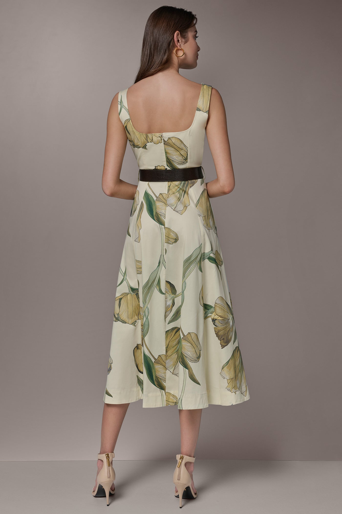 COTTON-SATEEN PRINTED MIDI A-LINE DRESS