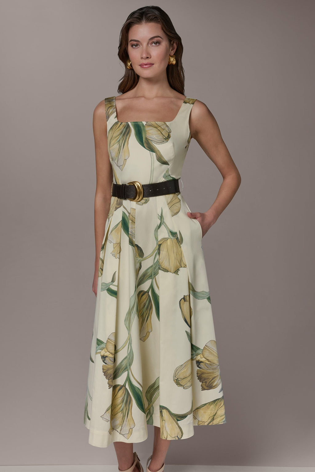 COTTON-SATEEN PRINTED MIDI A-LINE DRESS