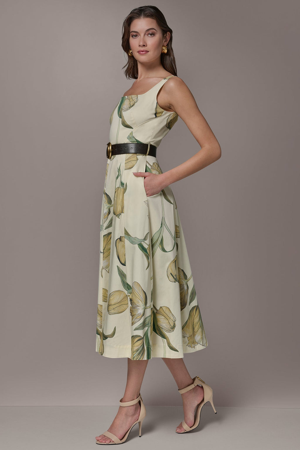 COTTON-SATEEN PRINTED MIDI A-LINE DRESS