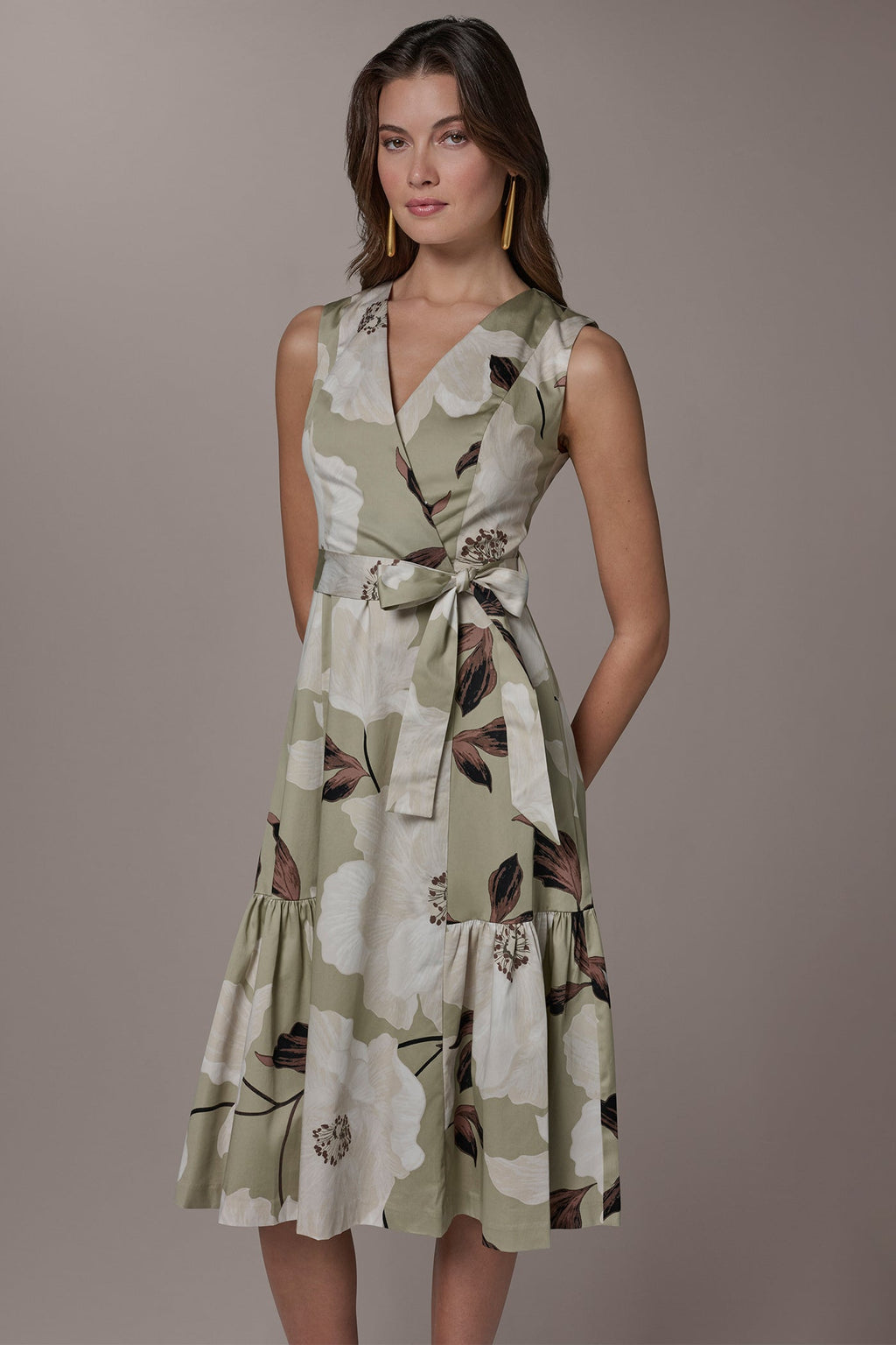 COTTON-SATEEN WRAP MIDI A-LINE DRESS