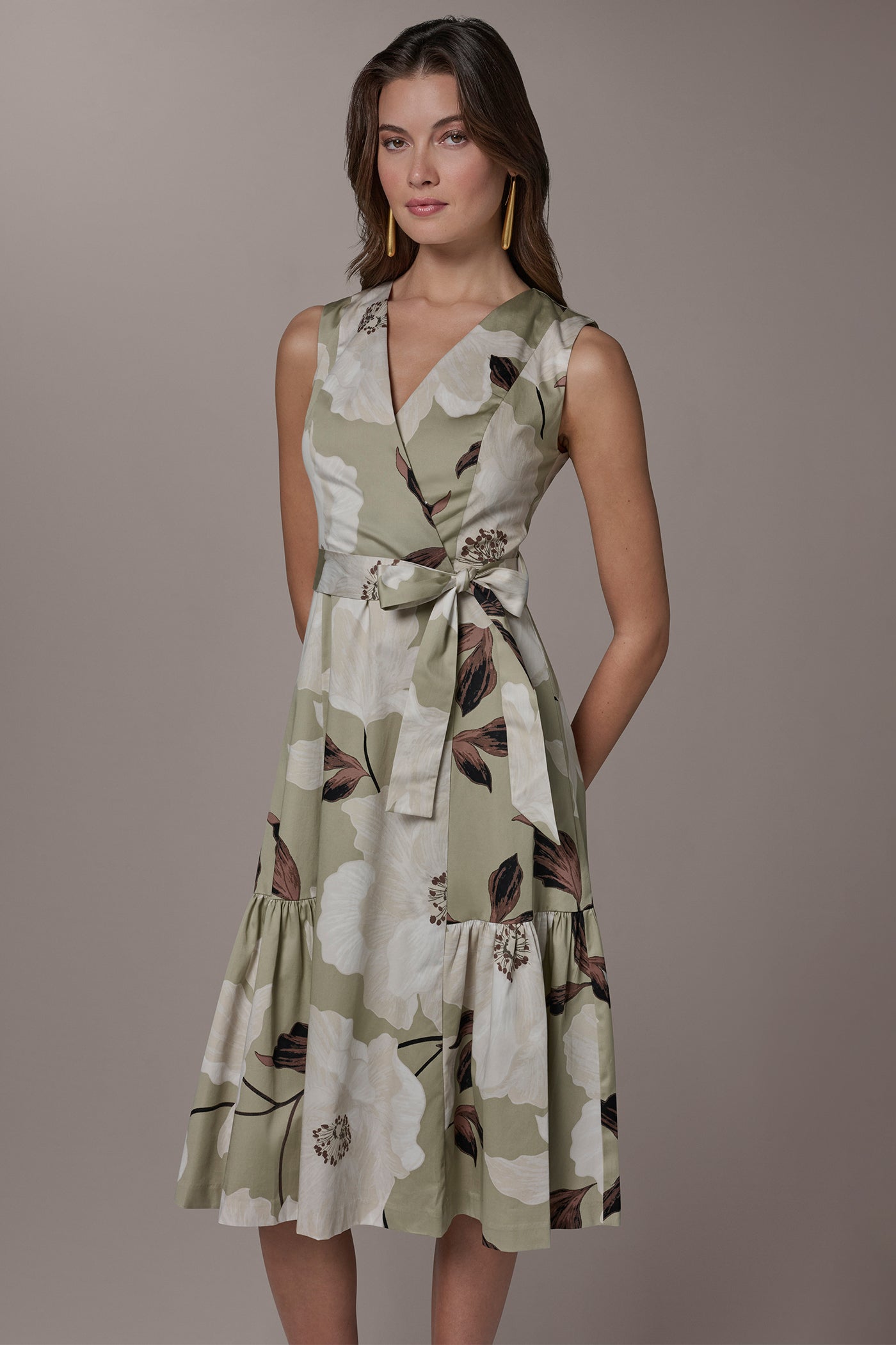 COTTON-SATEEN WRAP MIDI A-LINE DRESS