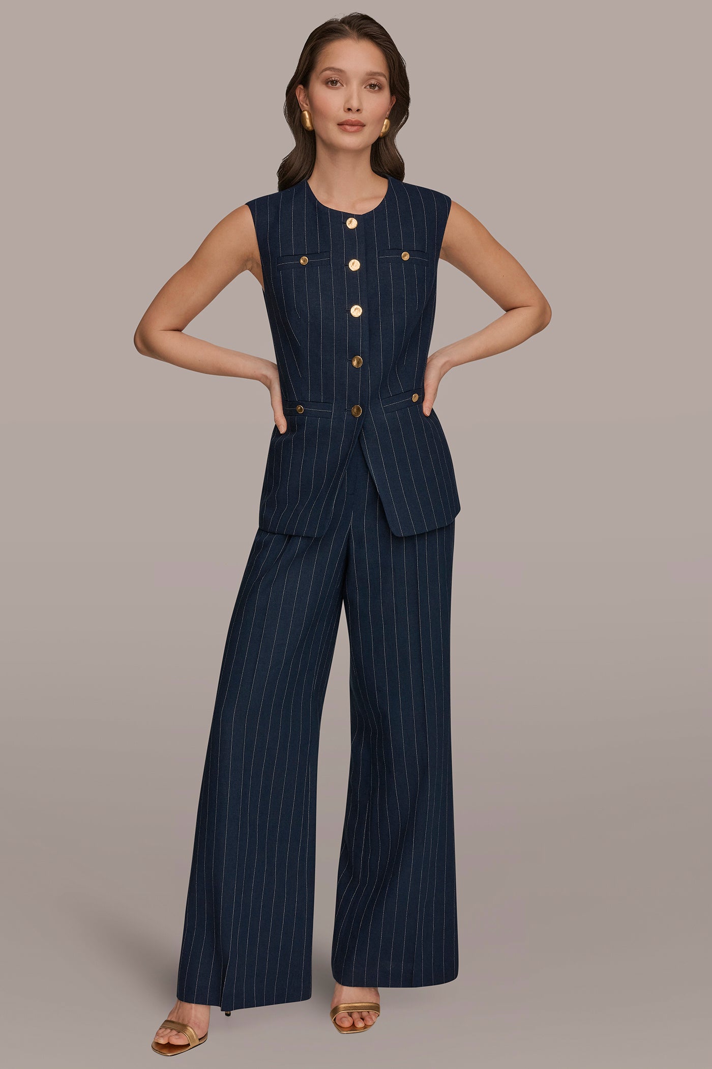LINEN-BLEND PINSTRIPE LONGLINE VEST