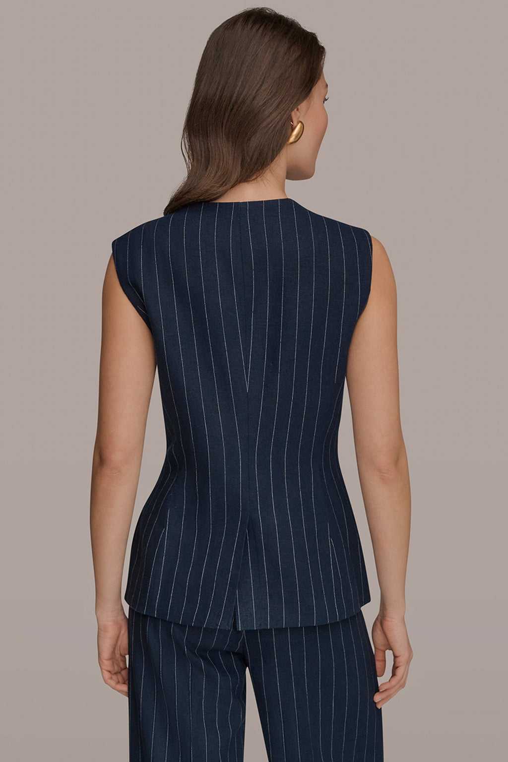 LINEN-BLEND PINSTRIPE LONGLINE VEST