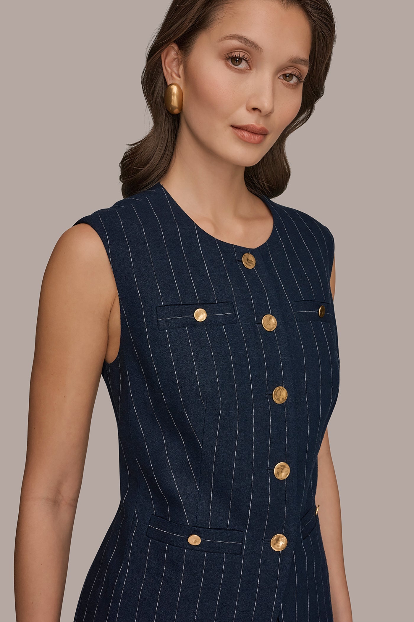 LINEN-BLEND PINSTRIPE LONGLINE VEST