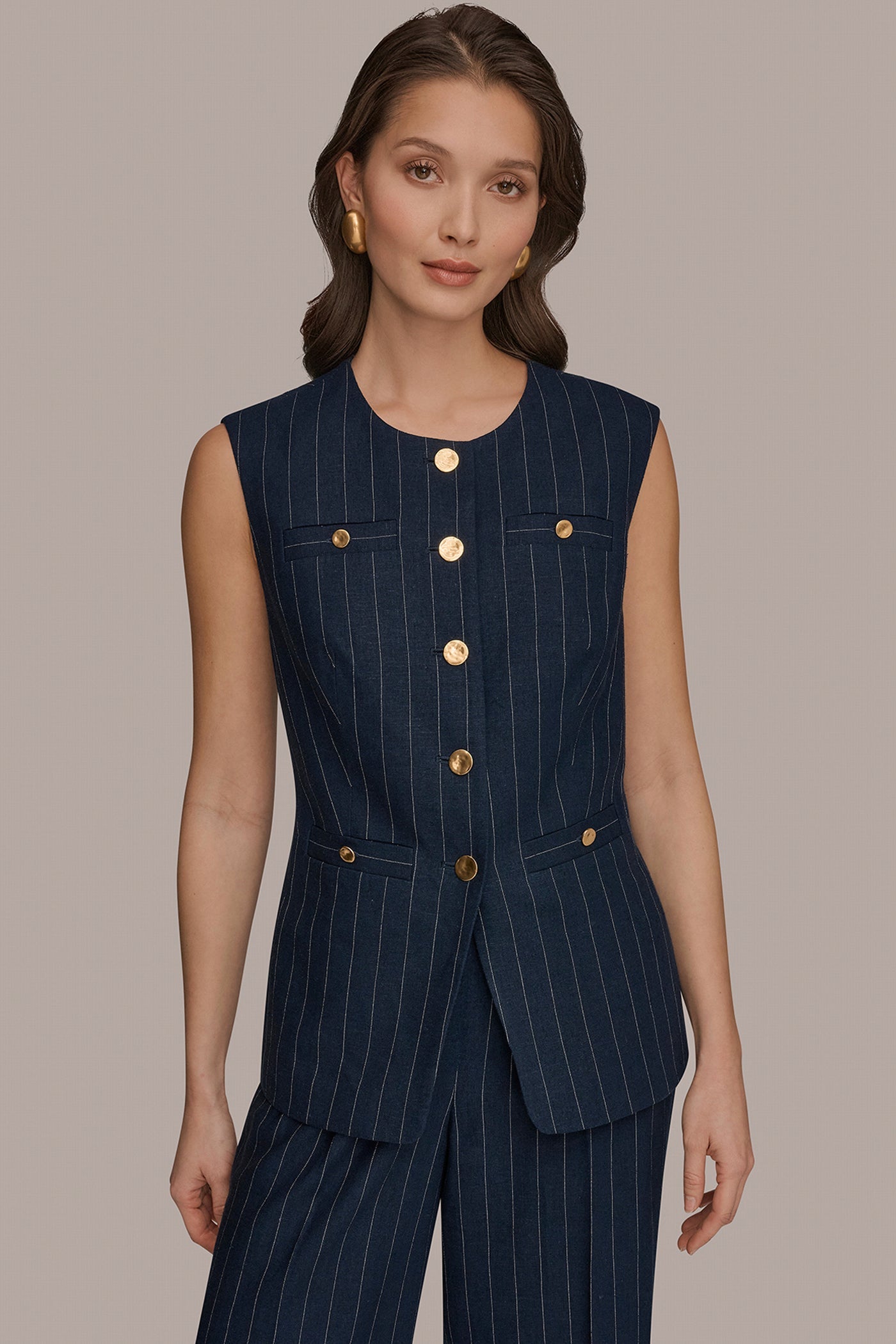 LINEN-BLEND PINSTRIPE LONGLINE VEST