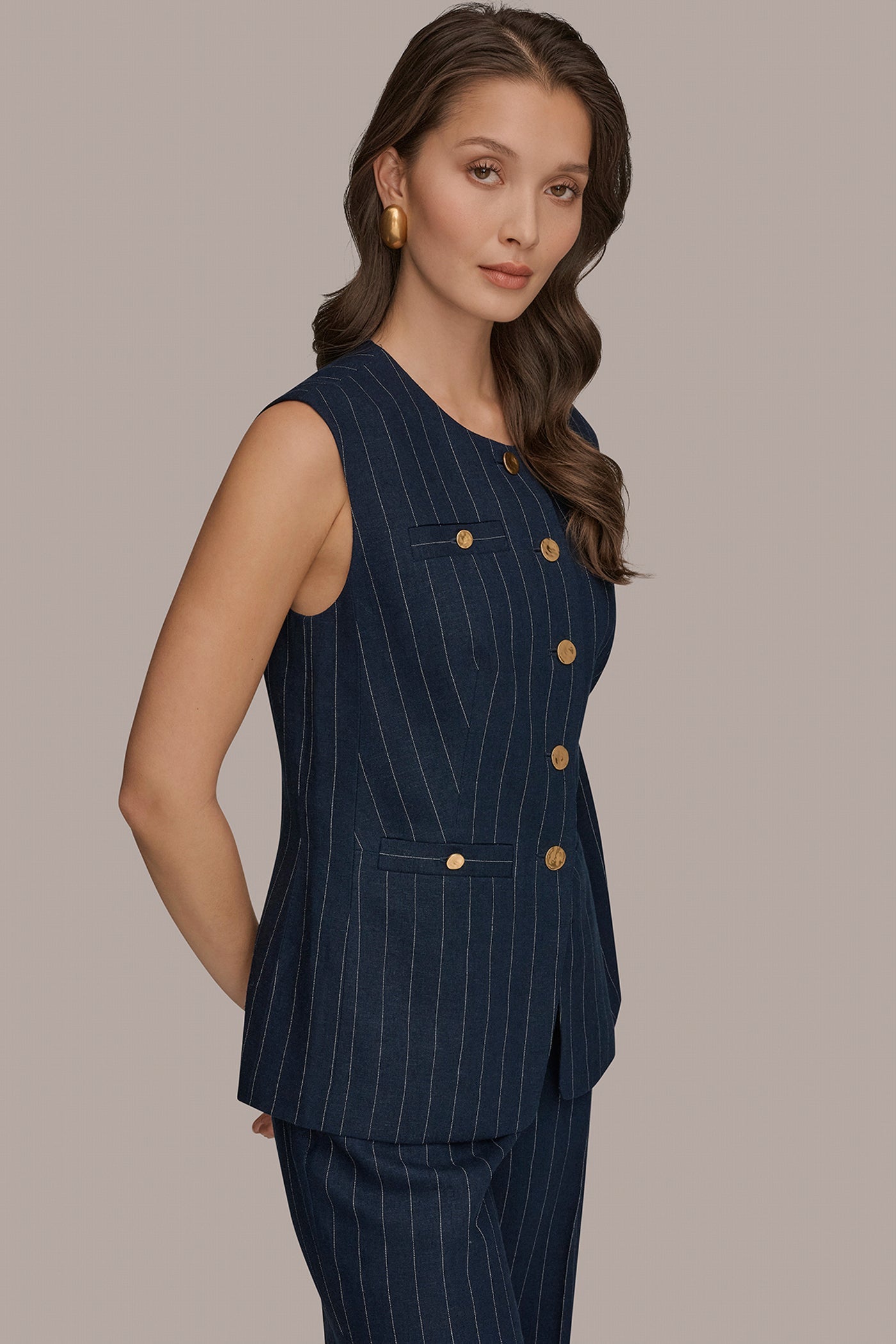 LINEN-BLEND PINSTRIPE LONGLINE VEST
