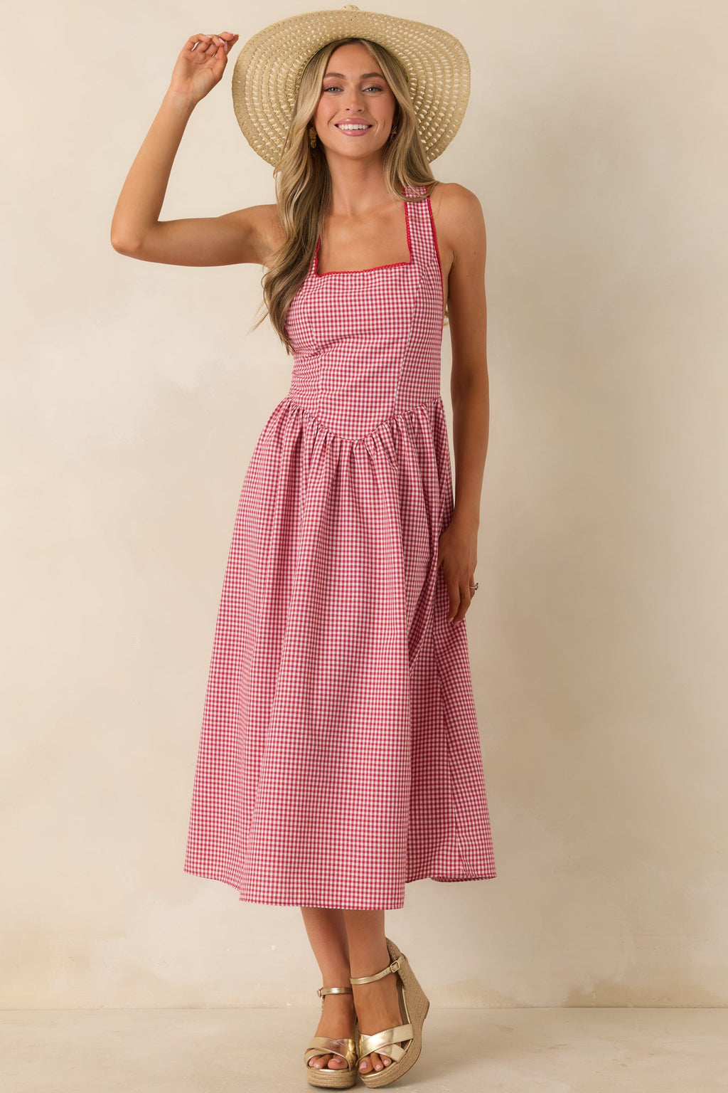 Just Because I Can Red Gingham Open Back Tie Maxi Dress