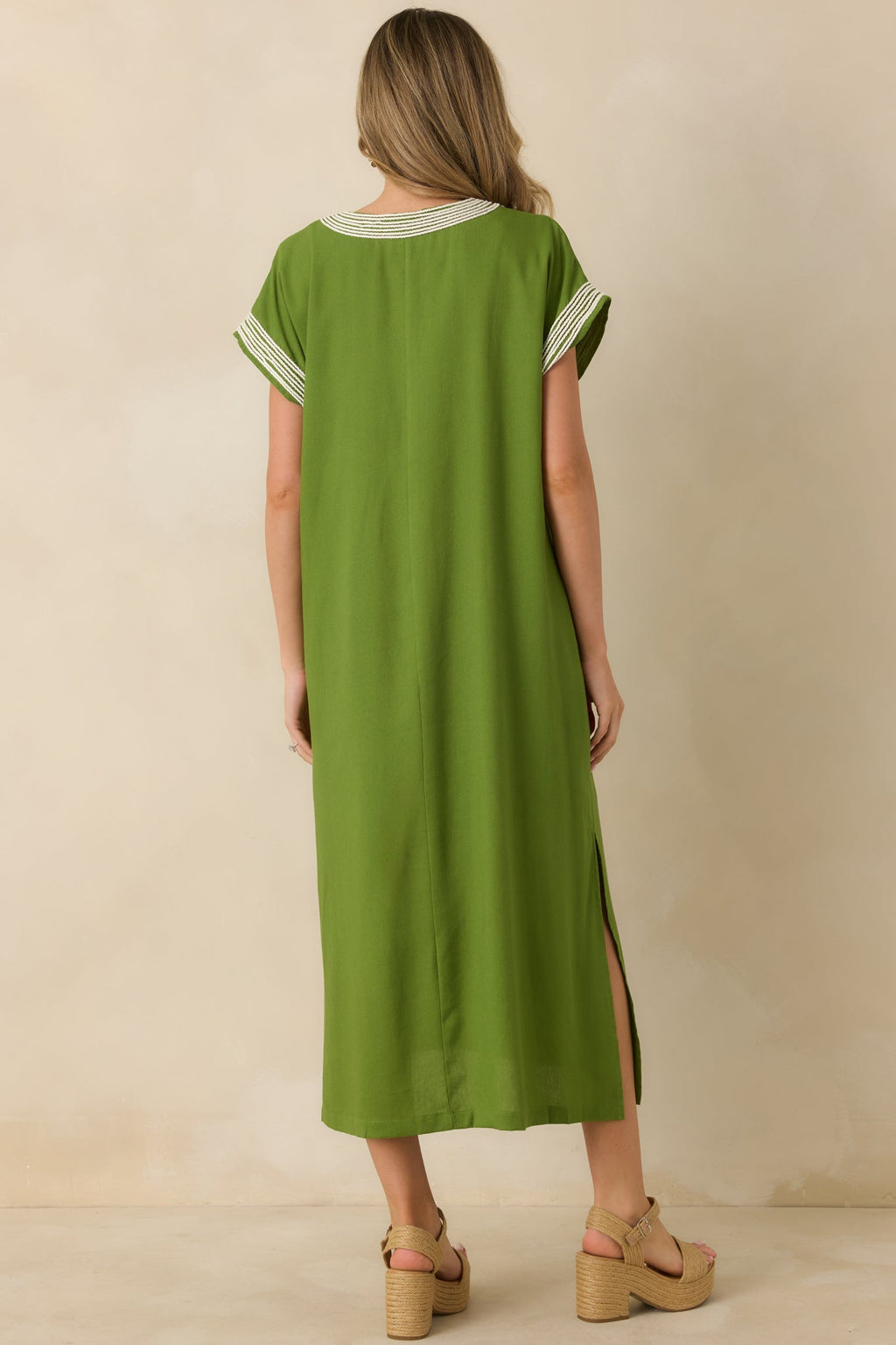 You Know the Feeling Matcha Green Embroidered V-Neck Maxi Dress