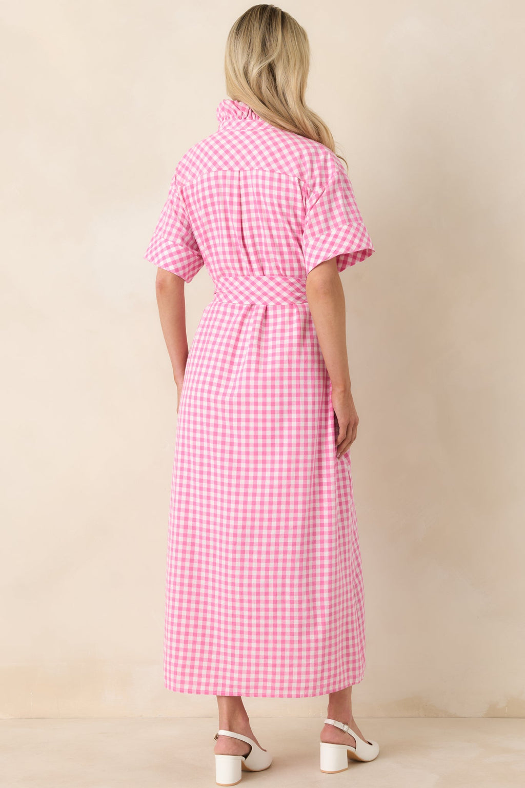 Check Me Out Pink Gingham Ruffle Collar Belted Maxi Dress