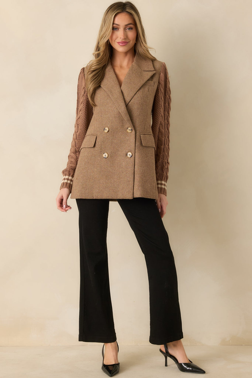 Well Suited Camel Wool Blend Knit Sweater Sleeve Blazer
